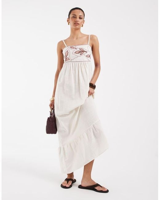 Vero Moda Pink Cotton Cami Maxi Dress With Contrast Leaf Embroidery