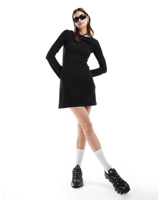 Weekday Black Serena Boat Neck Long Sleeve Mini Dress With Trumpet Sleeves