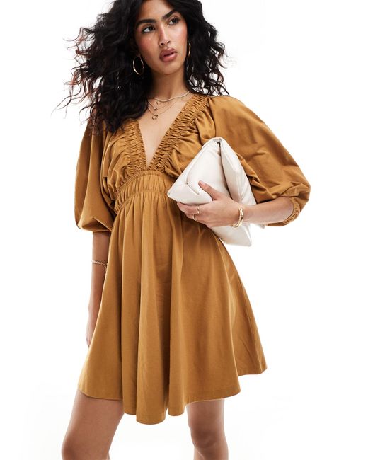 ASOS Brown Plunge Elastic Tea Mini Dress With Ruched Waist