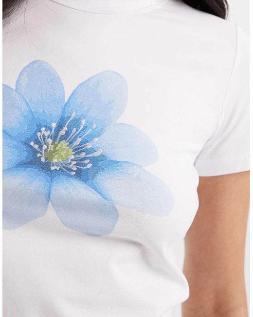 JJXX White Fitted Tee With Blue Flower Print