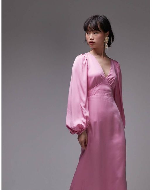 & Other Stories Pink Midi Dress With Side Splits And Volume Sleeves