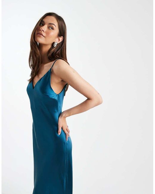 ASOS Blue Asos Design Tall V Neck Cami Satin Slip Midi Dress