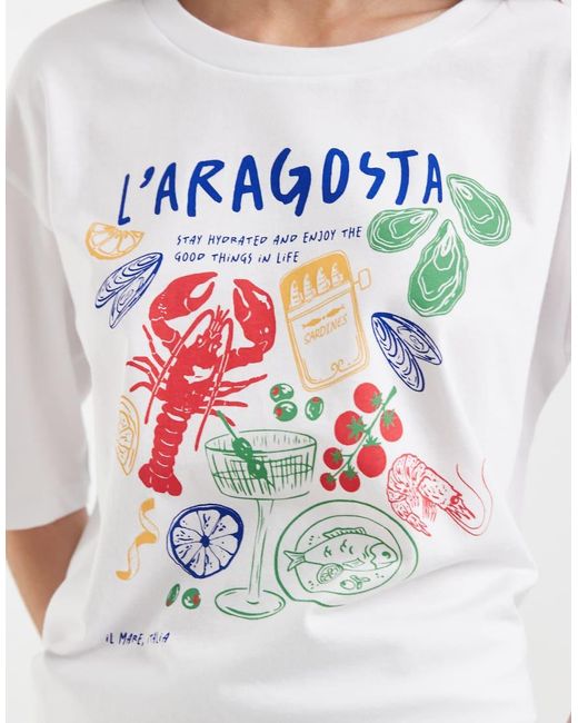 ONLY White Oversized T-shirt With Seafood Print