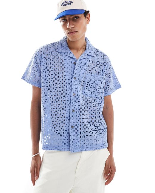 Obey Blue Embroidered Open Short Sleeve Shirt for men