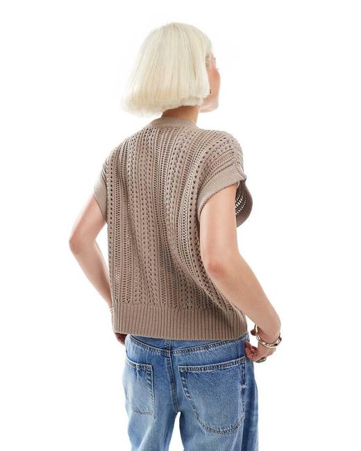 ASOS Brown Knitted Pointelle Crew Neck Boxy Waistcoat