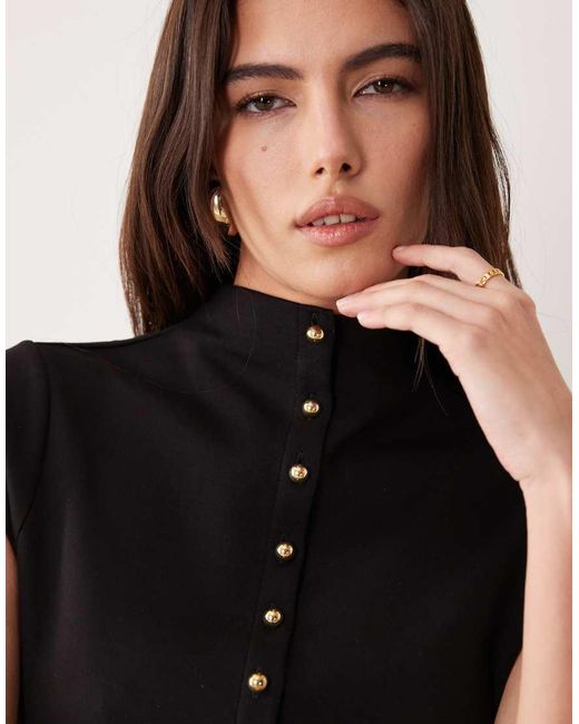 ASOS Black Interlock Funnel Button Front Top