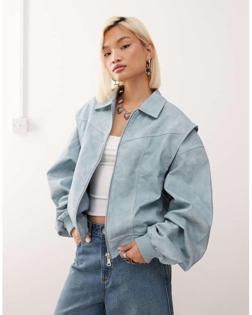 Lioness Blue Exclusive Vista Leather Look Contrast Stitch Bomber Jacket