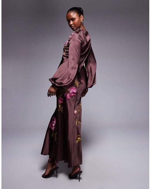 ASOS Purple Cowl Neck Floral Embroidered Bias Maxi Dress With Blouson Sleeve