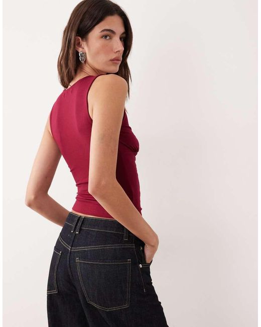 Motel Red Lynod Rayon Plunge V Neck Top