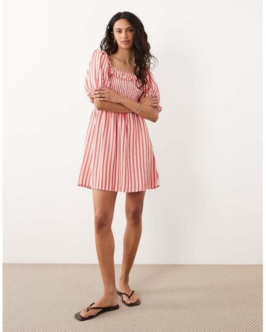 New Look Pink Stripe Shir Frill Trim Mini Dress