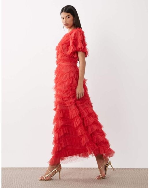Beauut Red Maryisa Short Sleeve Ruffle Maxi Dress