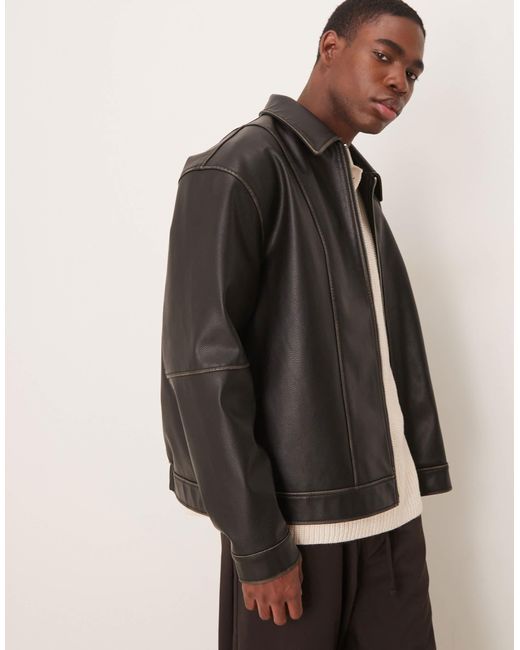 ASOS Gray Premium Faux Leather Oversized Harrington Jacket for men