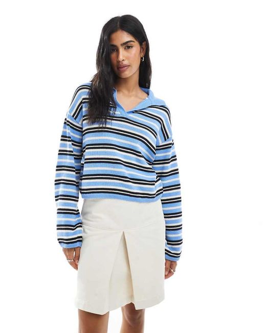 ASOS Compact Gebreide, Gestreepte Polotop Met Lange Mouwen in het Blue
