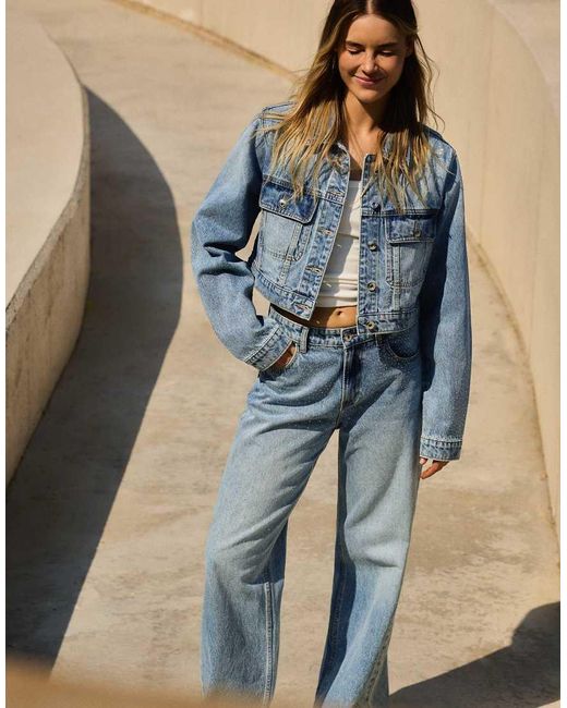 Bershka Blue Shimmery Cropped Denim Jacket