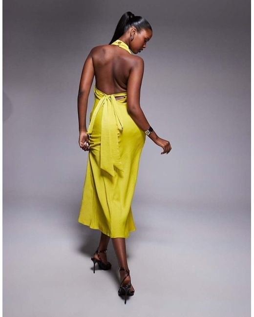 ASOS Yellow Satin High Neck Midi Dress With Cross Strap Detail