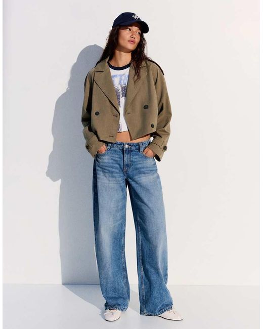 Bershka Blue Pleated Cropped Trench Coat