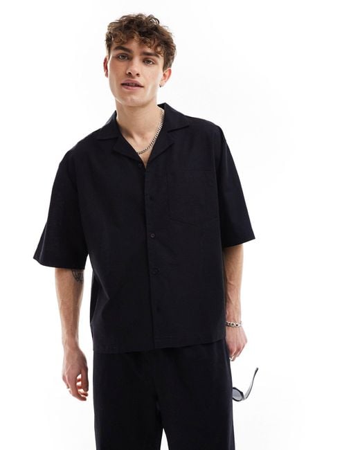 Collusion Black Beach Linen Revere Short Sleeve Shirt for men