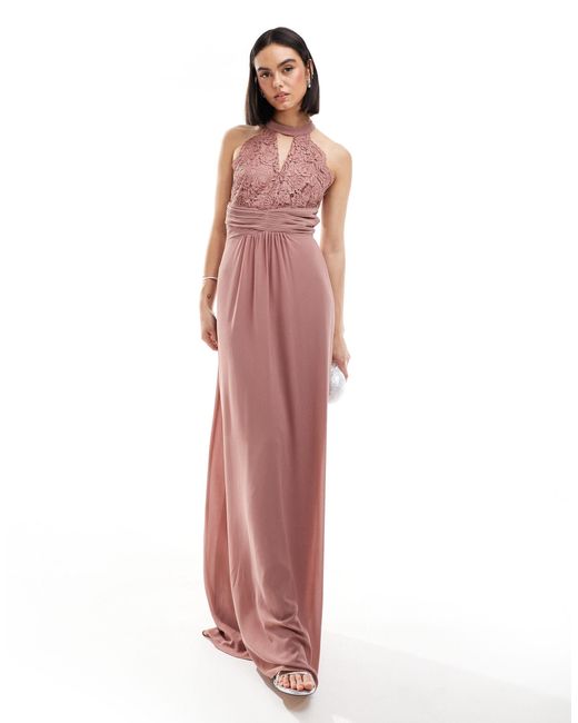 TFNC London Pink Bridesmaids Halterneck Maxi Dress With Lace Detail