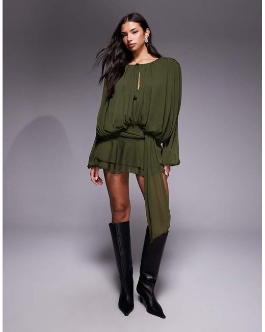 Lioness Green Elements Petite Chiffon Drape Detail Balloon Sleeve Tie Waist Mini Dress