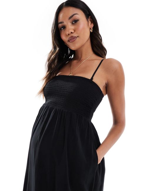 Vero Moda Black – easy – gesmoktes, knöchellanges umstands-trägerkleid