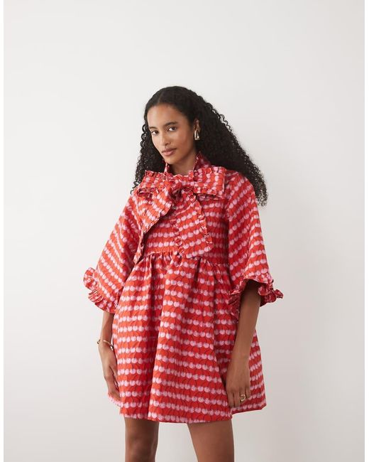 Sister Jane Red Clara Cherry Jacquard Oversized Bow Detail Mini Dress