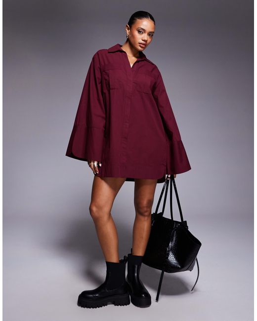 ASOS Red Mini Shirt Dress With Wide Cuffs And Oversized Pockets