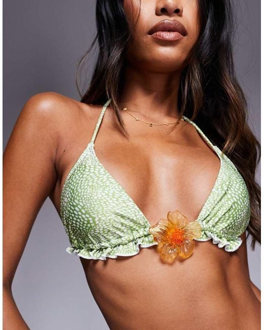 South Beach Green Triangle Bikini Top With Yellow Flower Detail