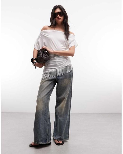 Reclaimed Vintage Gray Jersey Off Shoulder Top With Fringing