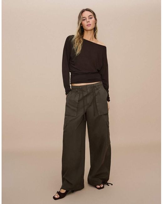 Bershka Black Asymmetric Neck Long-Sleeved T-Shirt