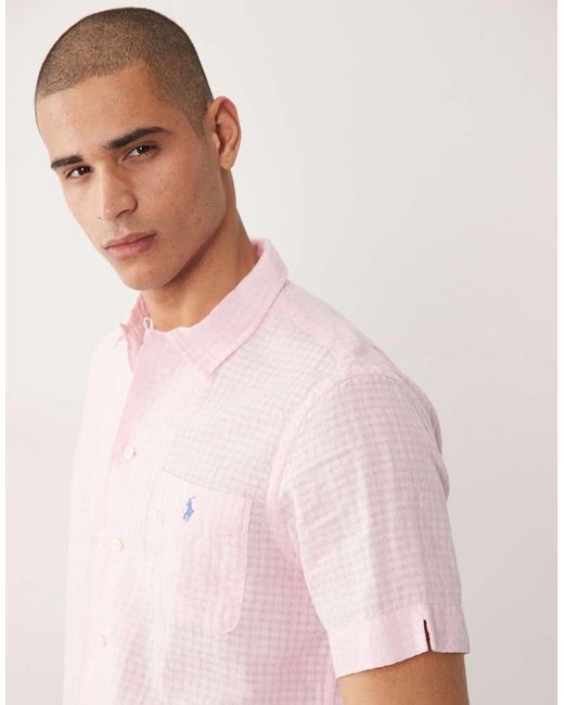 Polo Ralph Lauren Pink Icon Logo Short Sleeve Seersucker Linen Shirt for men