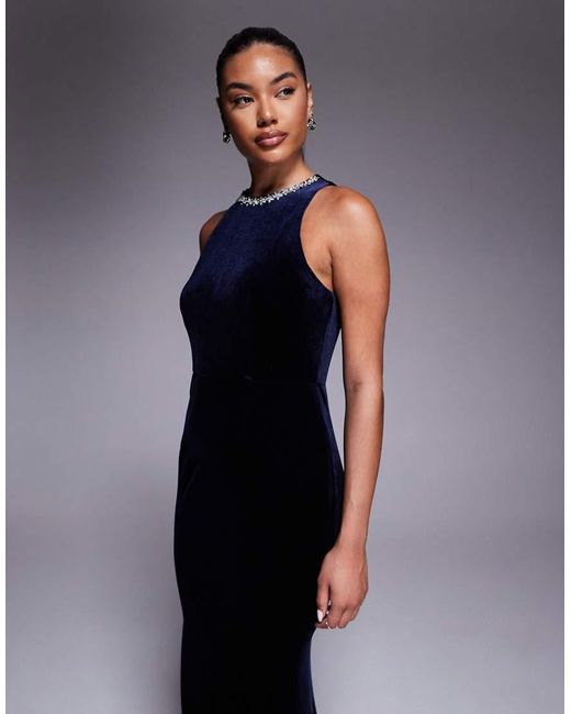 Jarlo Blue Embellished High Neck Velvet Maxi Dress