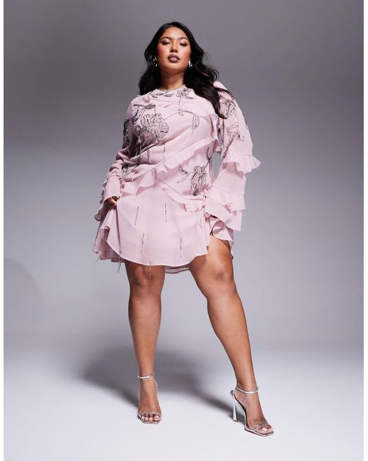 ASOS Pink Asos Design Curve Raw Edge Ruffle Embellished Mini Dress With Open Back