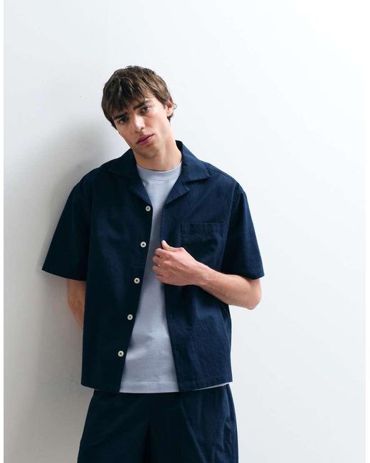 ASOS COLLECTIVE Blue Relaxed Cotton Shirt With Linen for men