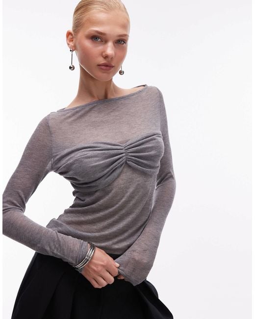 ASOS Knit-look Semi Sheer Long Sleeve Top With Ruched Bust Overlay in ...