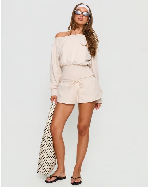 Princess Polly Cassey Asymmetrische Off-Shoulder Geribbelde Sweatshirt Co-Ord Met Getailleerde Taille in het Natural
