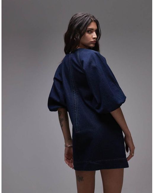 TOPSHOP Blue Denim Mini Shift Dress With Balloon Sleeves