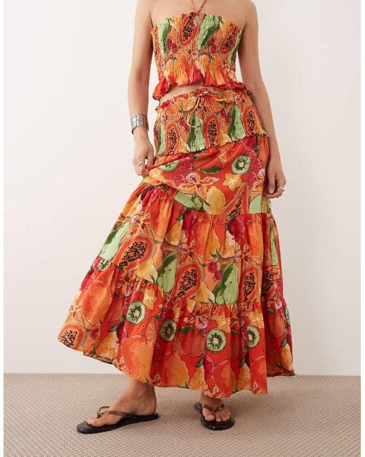 ASOS Orange Smocked Waist Tiered Maxi Skirt