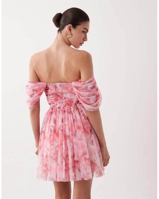 LACE & BEADS Pink Tulle Off The Shoulder Draped Sleeves Mini Dress