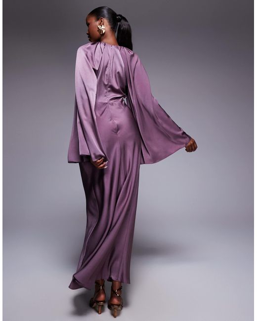 ASOS Purple Satin Long Sleeve Maxi Dress With Central Ruched Skirt