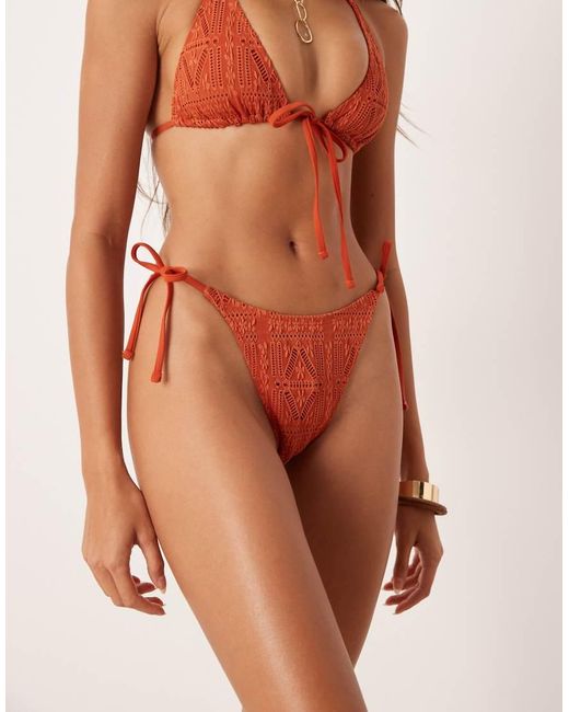 ASOS Orange Kyle Broderie Tie Side Ruched Bum Bikini Bottoms