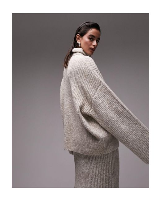TOPSHOP Gray Premium Knitted Plated Boucle Wide Sleeve Roll Neck Jumper
