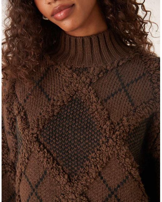 ASOS Brown Fringed Check Oversized Jumper