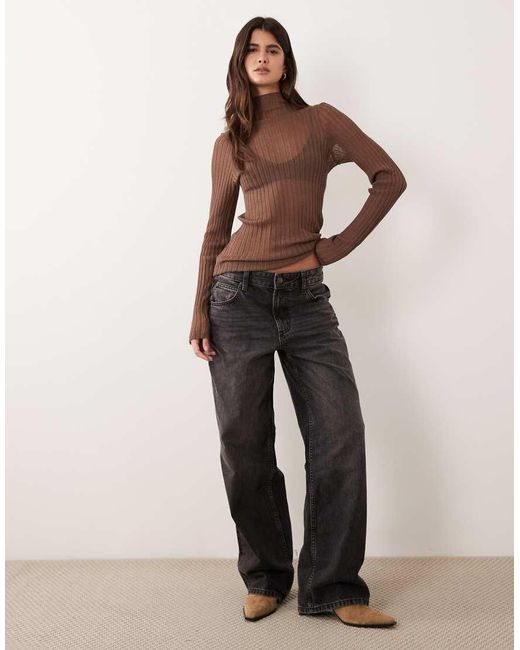 ASOS Brown Sheer Knit Pleated Long Sleeve Funnel Neck
