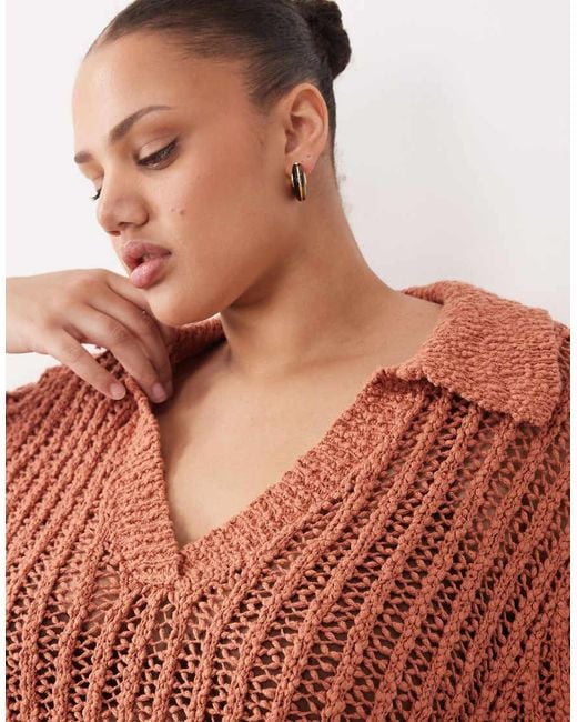 ARRANGE Brown Curve Crochet Collared Top Co Ord