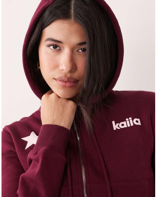 Kaiia Red Star Logo Graphic Zip Through Cropped Hoodie Co-ord