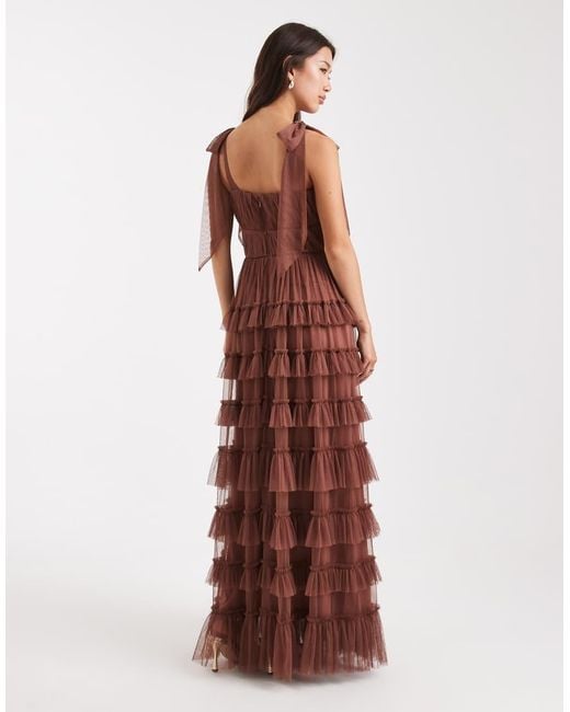 LACE & BEADS Brown Bridesmaid Bow Shoulders Tulle Maxi Dress
