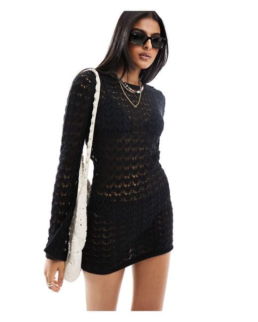 Miss Selfridge Black Crochet Low Back Long Sleeve Mini Dress
