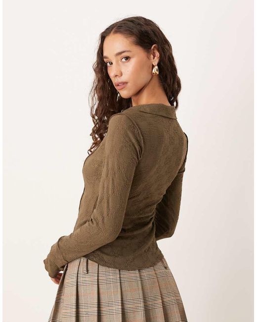Brave Soul Natural Long Sleeve Collared Textured Jersey Top