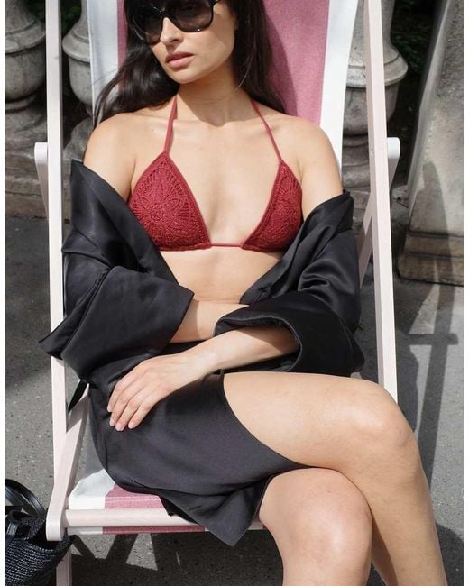 NA-KD Red Crochet Padded Triangle Bikini Top