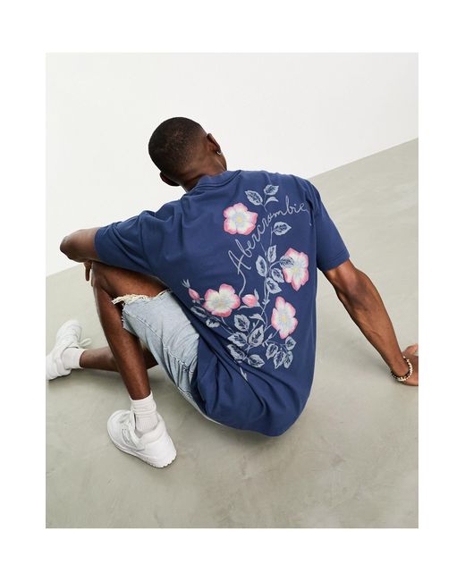 Abercrombie & Fitch Blue Floral Back Print Oversized T-shirt With Embroidery Logo for men